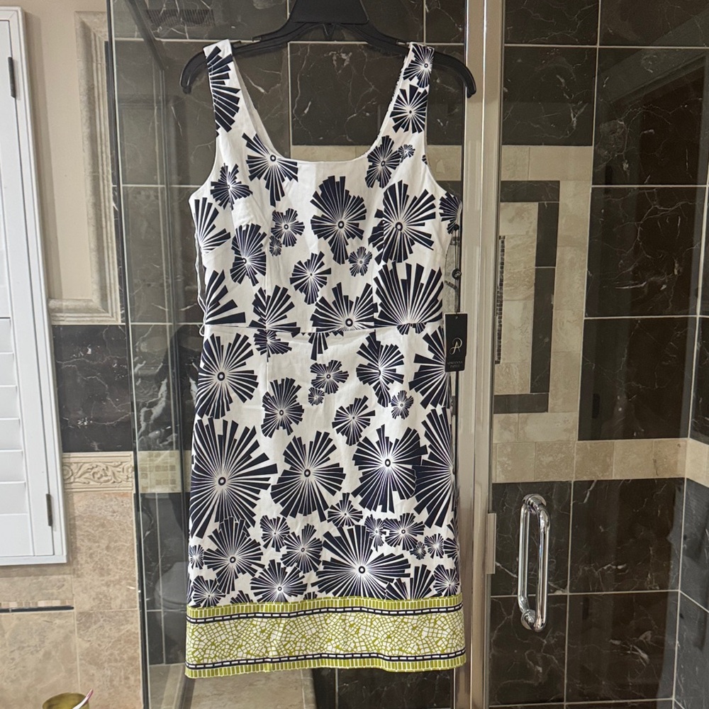 Adrianna Papell White & Navy Floral Midi Dress with Yellow Border